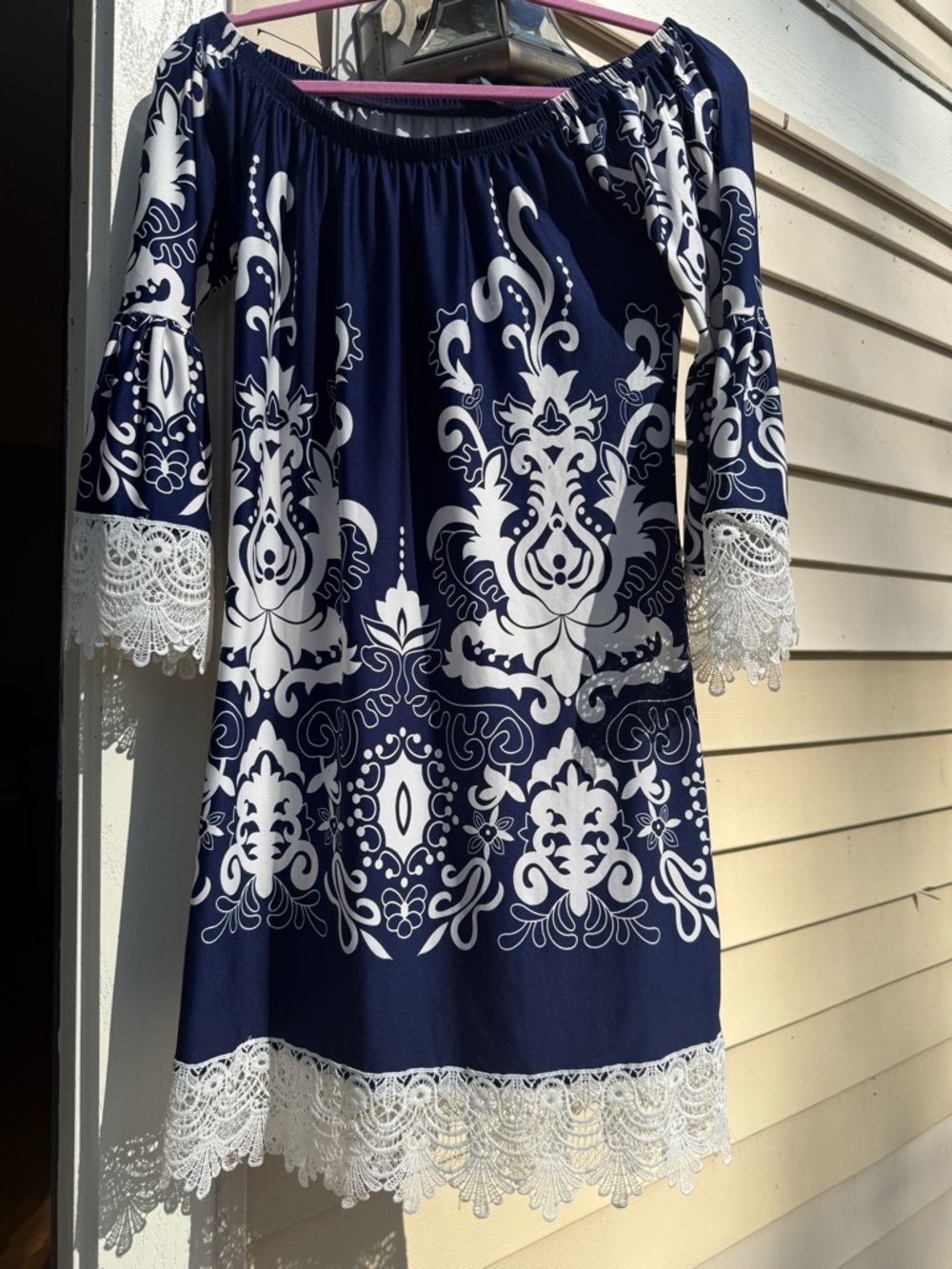 NWT Boutique White Navy & White Off-Shoulder Lace Trim Dress